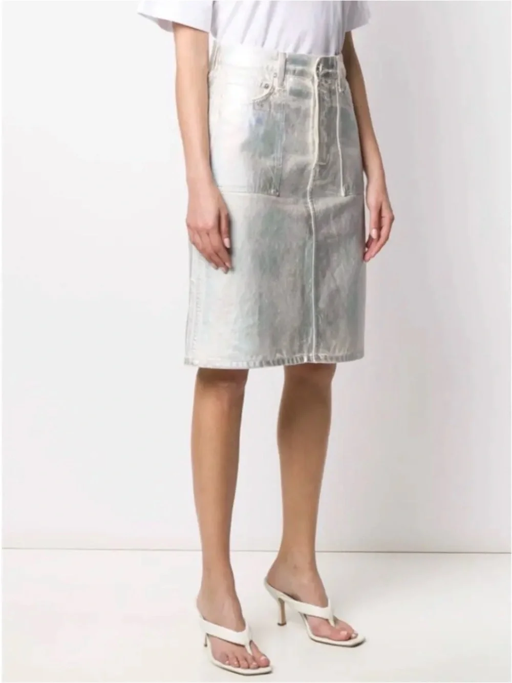 NWT Helmut Lang Silver Metallic Denim Pencil Skirt Size 24